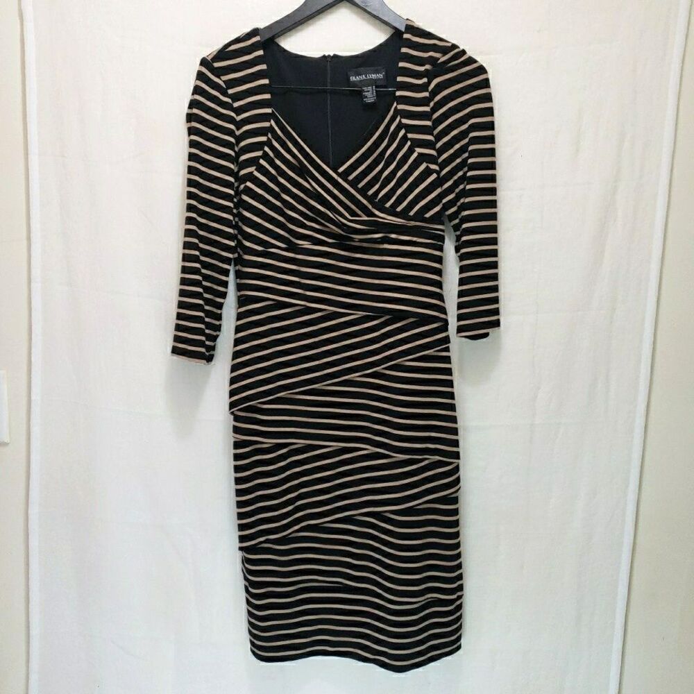 Frank Lyman Striped Sheath Dress Sz 10 Black Tan Ruched Layered 3/4 Sleeve Midi